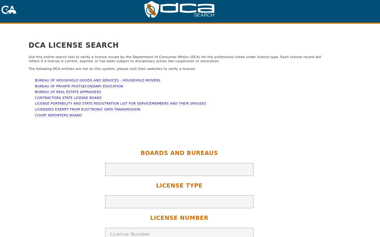 Palm Springs people directories view of California DCA License Search