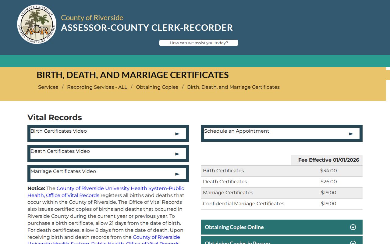 Palm Springs public records vital certificate fees and applications