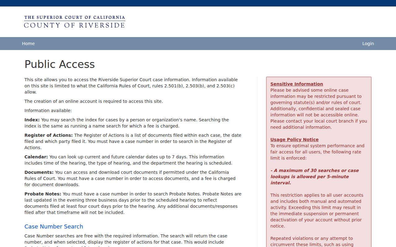 Palm Springs public records options in Riverside Superior Court portal