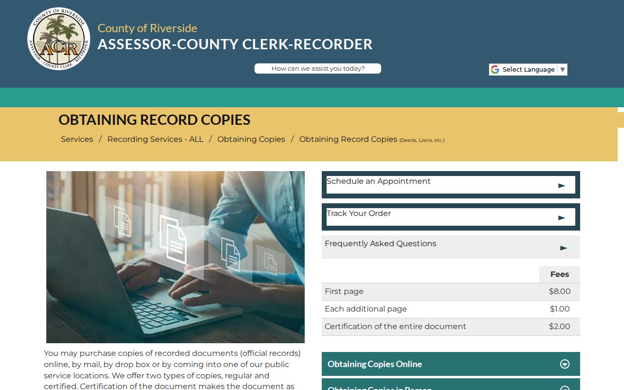 Palm Springs public records copy channels and recorder fees