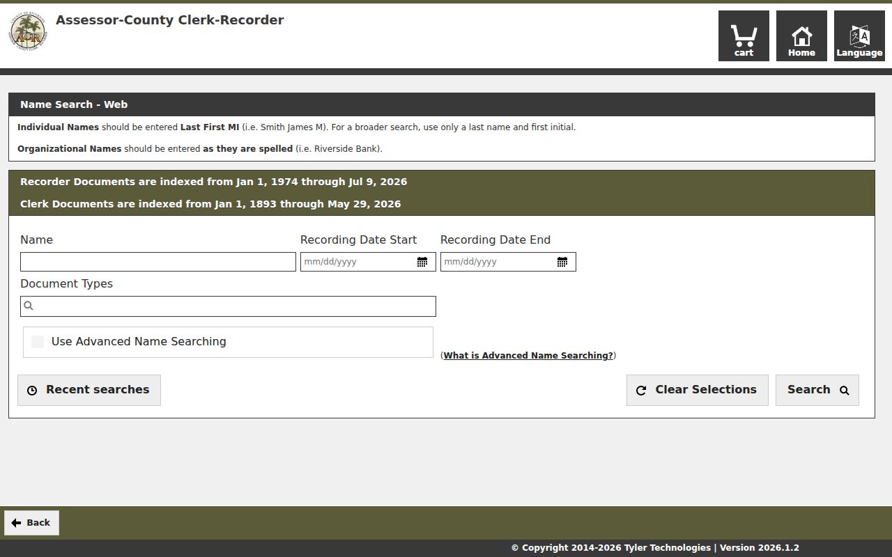 Palm Springs public records name and date fields in Riverside ACR